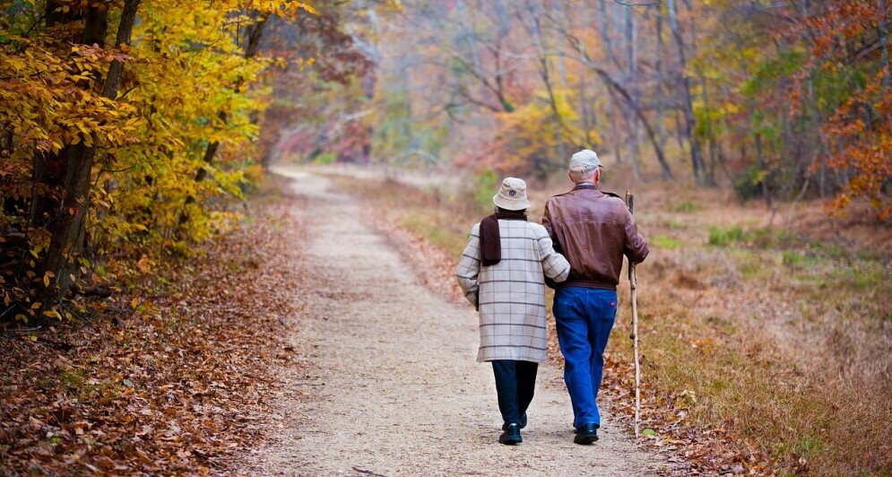 Elder couple walking with a stick